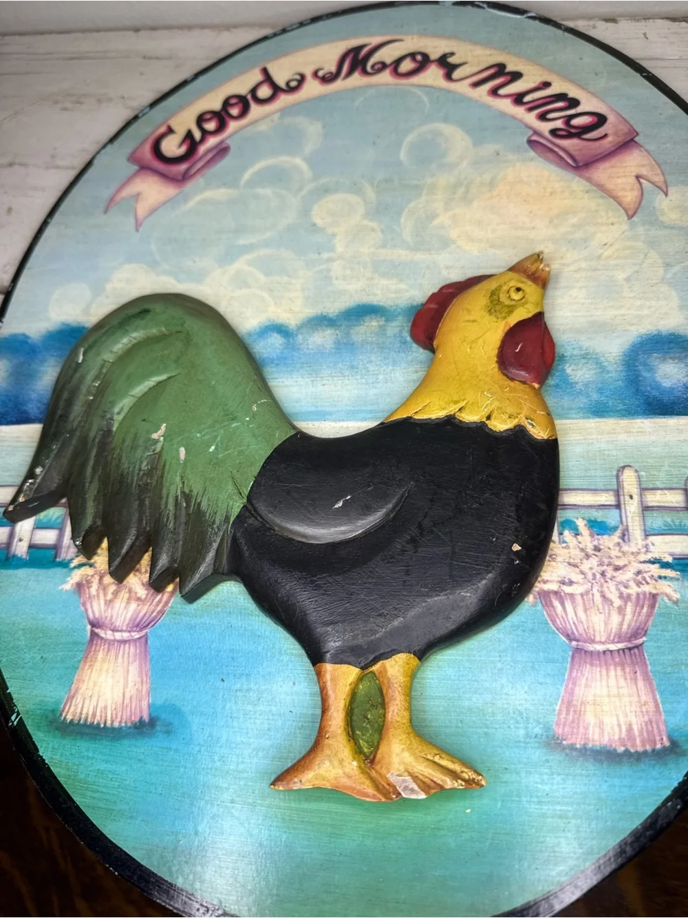 Good Morning Rooster Wall Plaque - Green, Black, Yellow